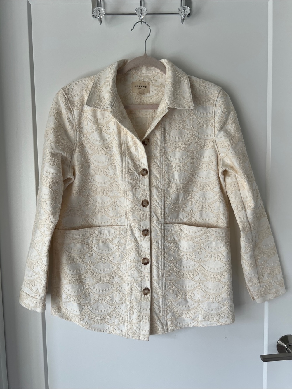 Sezane Cream Quilted Scallop-Embroidered Jacket